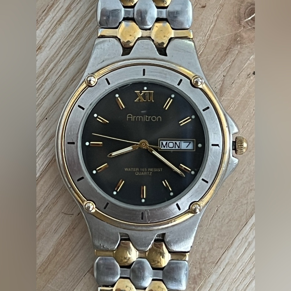Armitron Men’s Watch Vintage Two Tone Bracelet Black Dial Day Date Window
